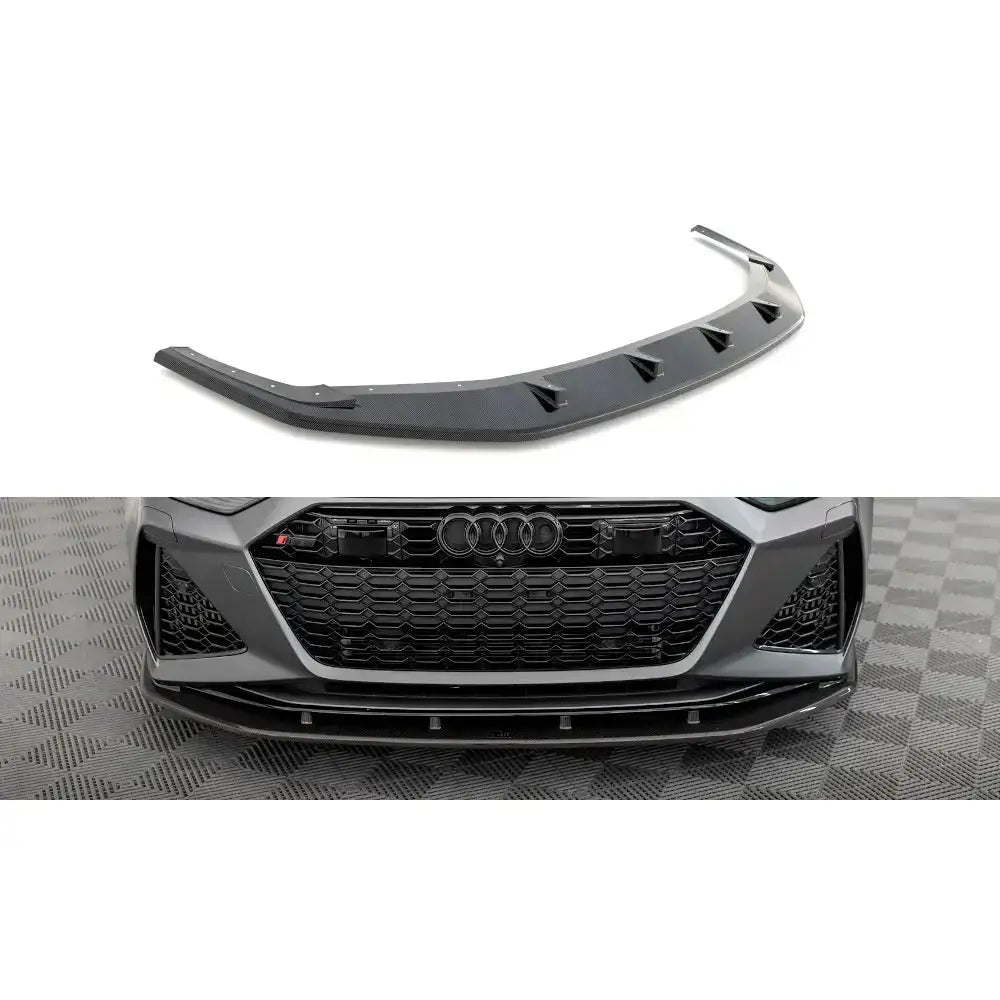Frontleppe Audi RS6 C8 karbon med detaljerte luftkanaler, vist alene og montert på bil.