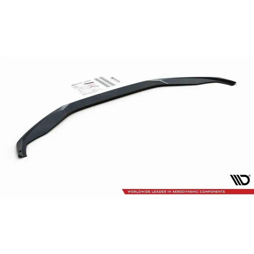 Frontsplitter Audi S6 / A6 S-Line C7 FL svart plast med monteringsutstyr og instruksjoner på hvit bakgrunn.