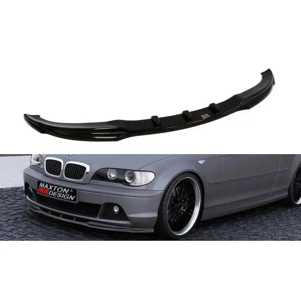 Frontleppe til BMW 3 E46 Coupe Facelift i sort blank plast, sett fra siden og front med aerodynamiske detaljer.