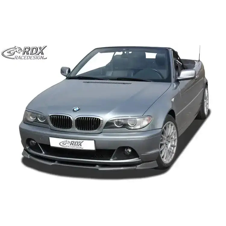 Frontspoiler på sølvfarget BMW 3 Serie E46 cabriolet med åpnet tak og sportslige detaljer.
