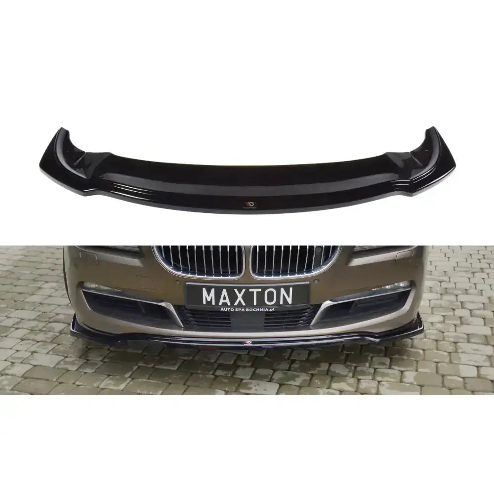 Frontleppe til BMW 6 Gran Coupé i sort glanset plast, vist alene og montert på bil forfra.