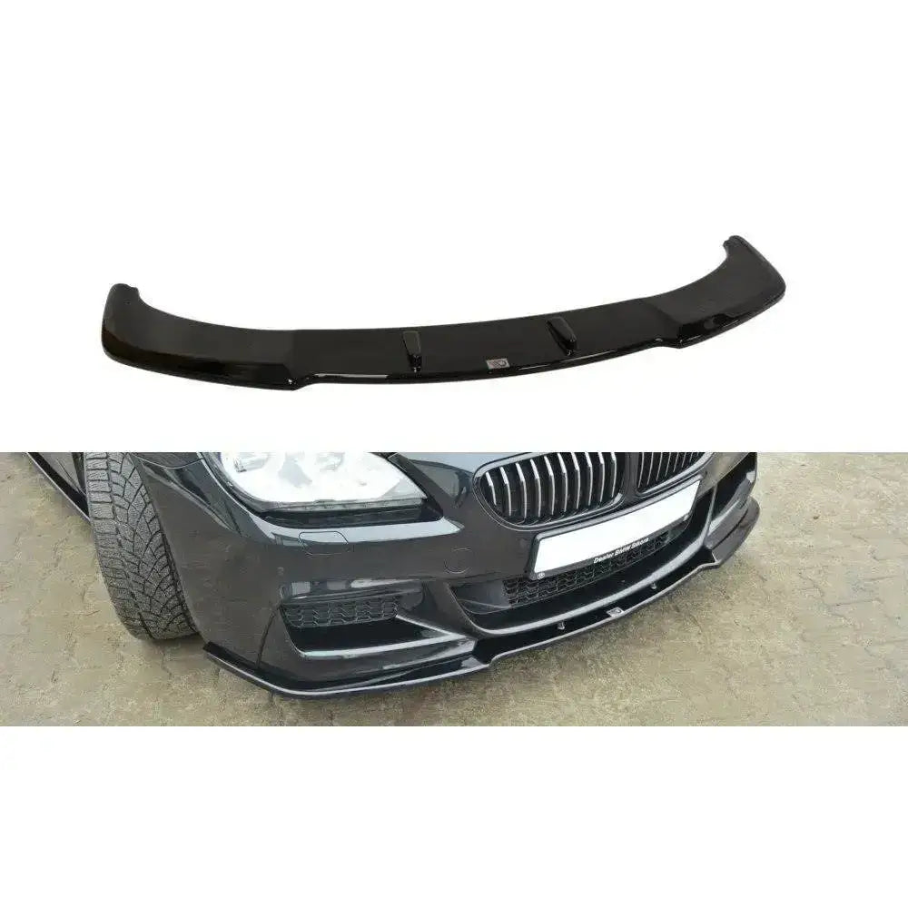 Frontleppe til BMW 6 Gran Coupé Mpack i sort blank plast, vist separat og montert på frontfanger.