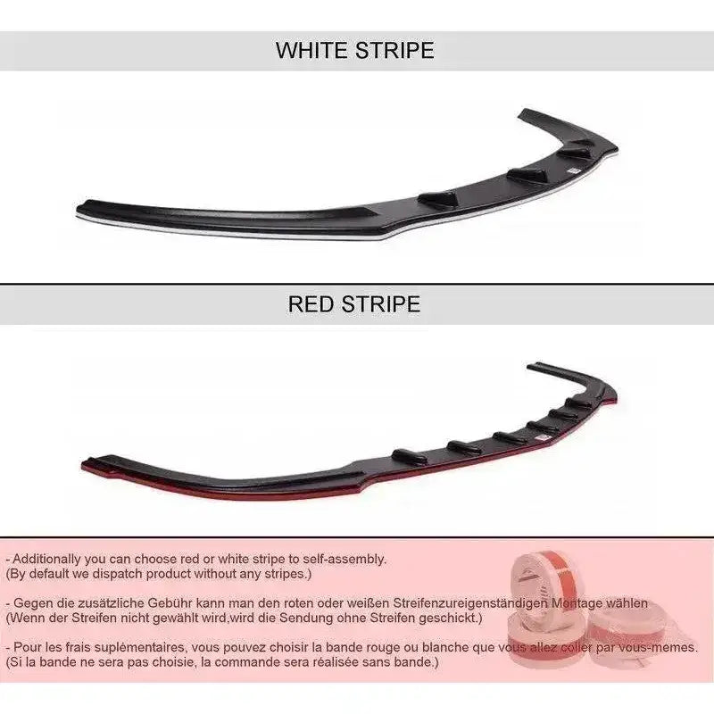 Frontleppe til BMW 6 Gran Coupé Mpack, sett fra siden med hvit eller rød stripe og monteringsdetaljer.
