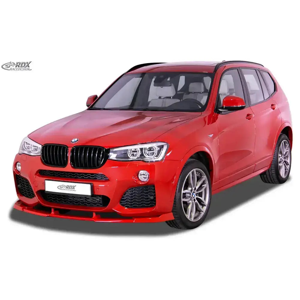 Frontspoiler BMW X3 F25 14-17 M-Sport på rød SUV med sorte detaljer og alufelger mot hvit bakgrunn.
