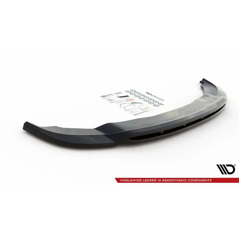 Front splitter til Dodge Durango RT Mk3, sort plast med monteringsutstyr og instruksjoner på hvit bakgrunn.