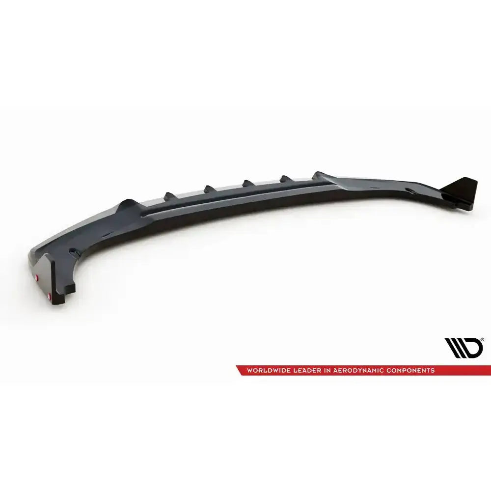 Frontspoiler til Honda Civic Sport Mk 10 med flaps, sort plast med finner, sett skrått ovenfra.