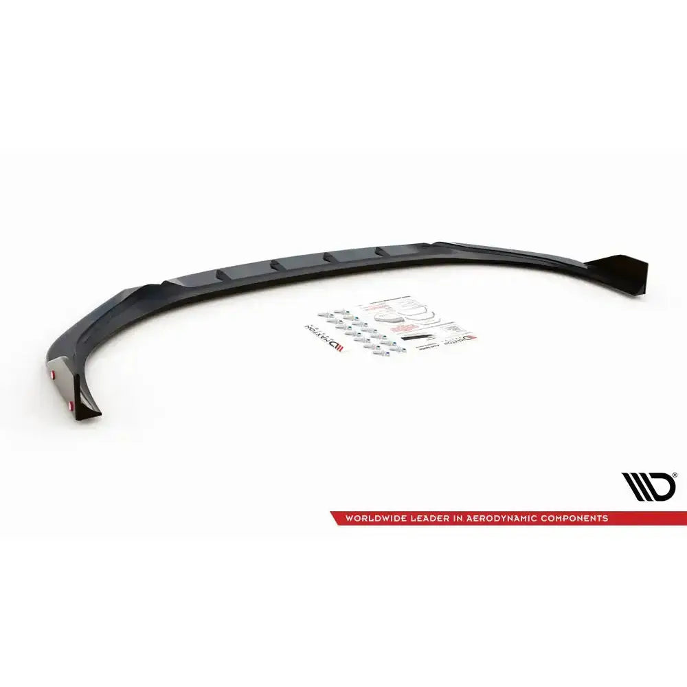 Frontleppe til Hyundai I30 N Mk3 Facelift med flaps, monteringssett og instruksjoner på hvit bakgrunn.