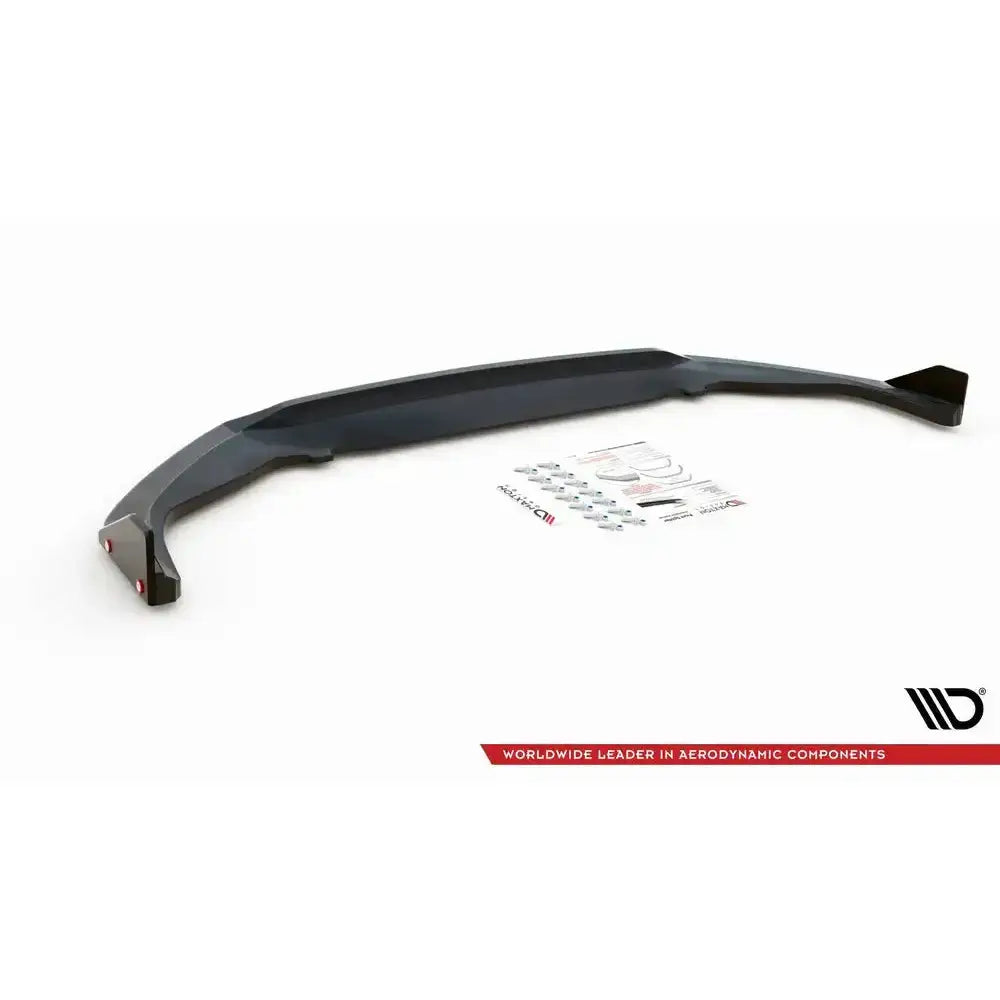 Frontspoiler til Toyota GR Yaris Mk4 V.3 med flaps, sett skrått, inkludert monteringsdeler og instruksjoner.