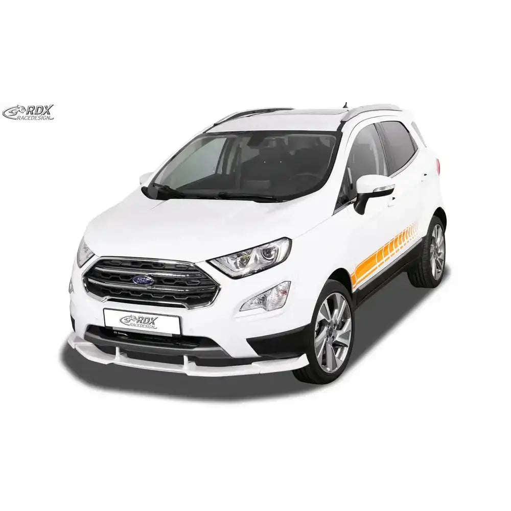 Frontspoiler på Ford EcoSport 17- med oransje og gule striper, sett skrått forfra mot hvit bakgrunn.