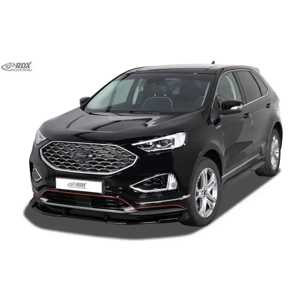Frontspoiler på Ford Edge 18- Vignale med diamantmønstret grill og røde detaljer, sett forfra.