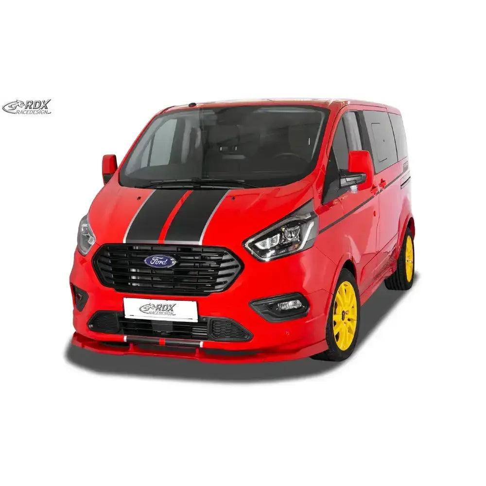 Frontspoiler på rød Ford Transit Custom ST-Line Vario X med svarte striper og gule felger.