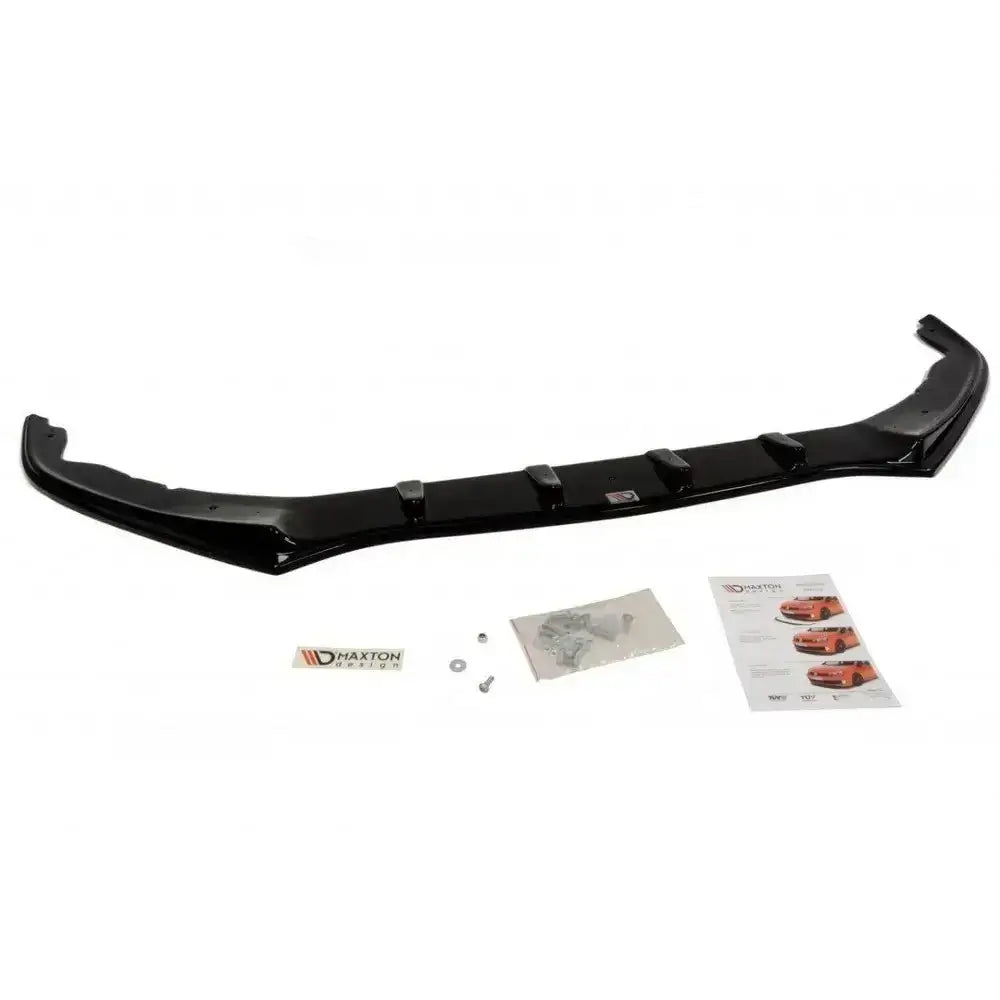 Frontspoiler til Honda Accord Mk 8, sort plast med monteringsutstyr, klistremerke og instruksjonsark.