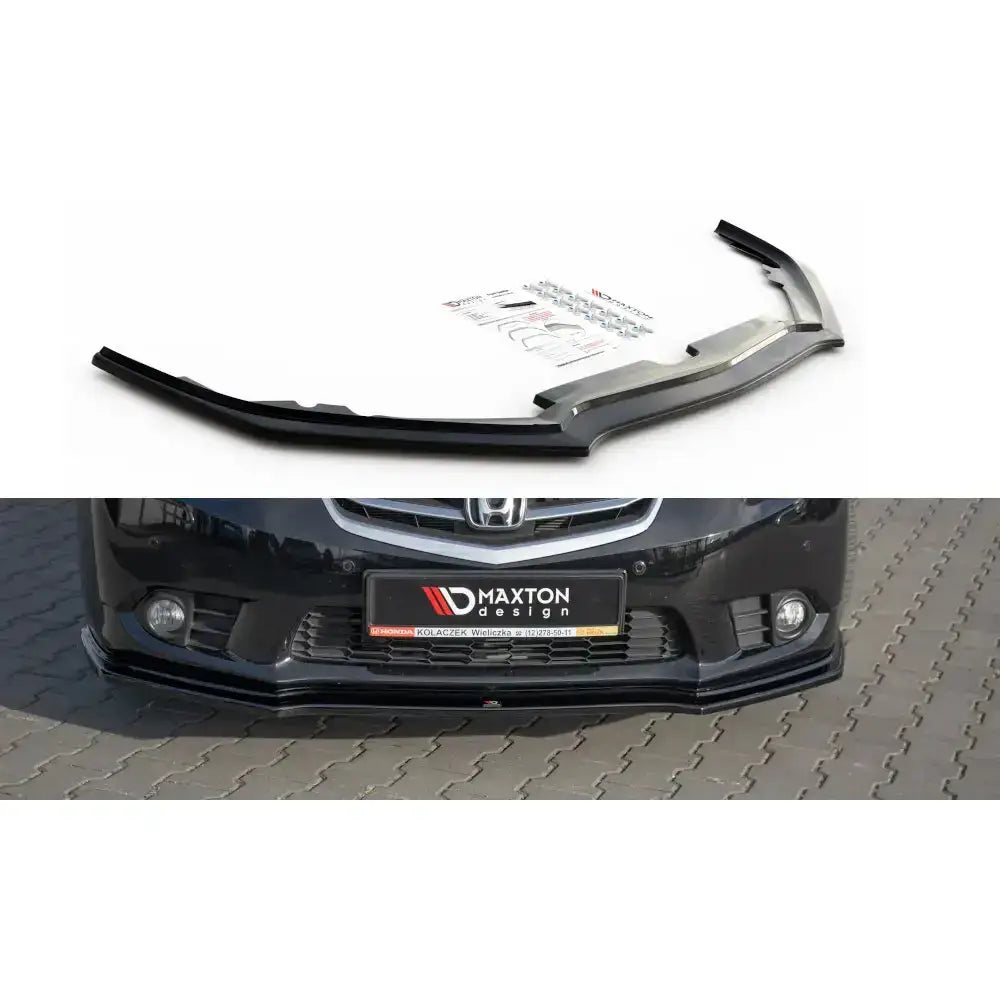 Frontleppe til Honda Accord VIII CU facelift, sort plast med tilbehør, vist løst og montert på bil.