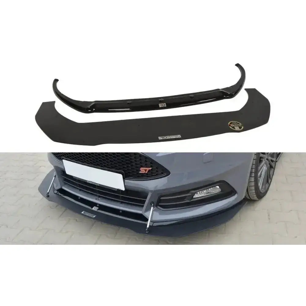 Frontleppe Hybrid V.1 til Ford Focus St Mk3 Facelift, sort plast, vist montert og som løse deler.