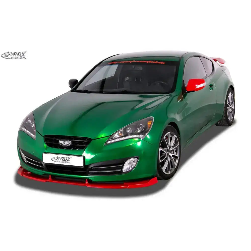 Frontsplitter på grønn Hyundai Genesis Coupe 08-12 med røde sidespeil og mørke felger.