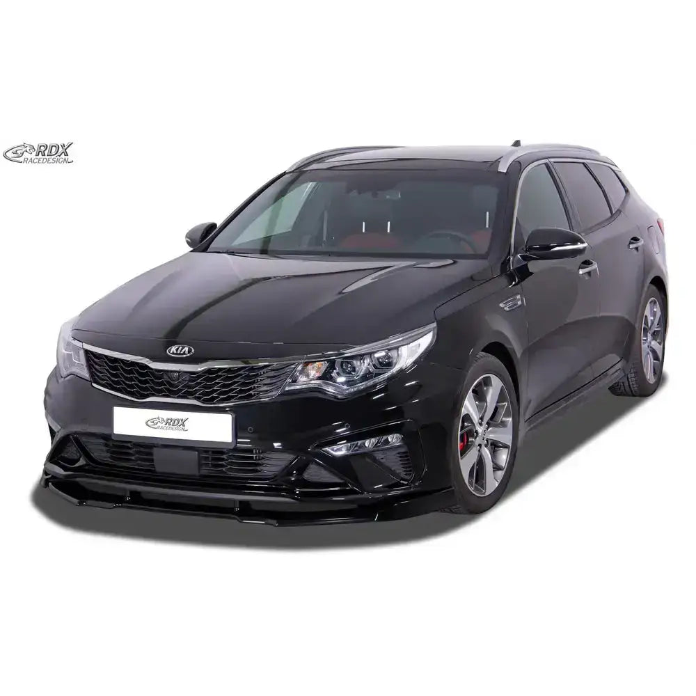 Frontspoiler til Kia Optima JF 18-, montert på svart stasjonsvogn med LED-lykter og sølvfelger.