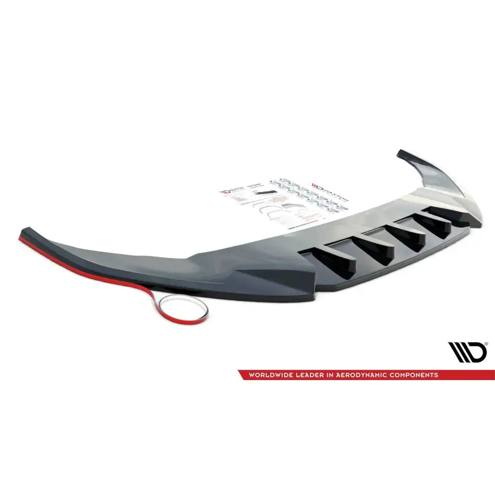 Frontspoiler til Kia Optima Mk3 i sort plast med rød tape, monteringsutstyr og installasjonsveiledning.