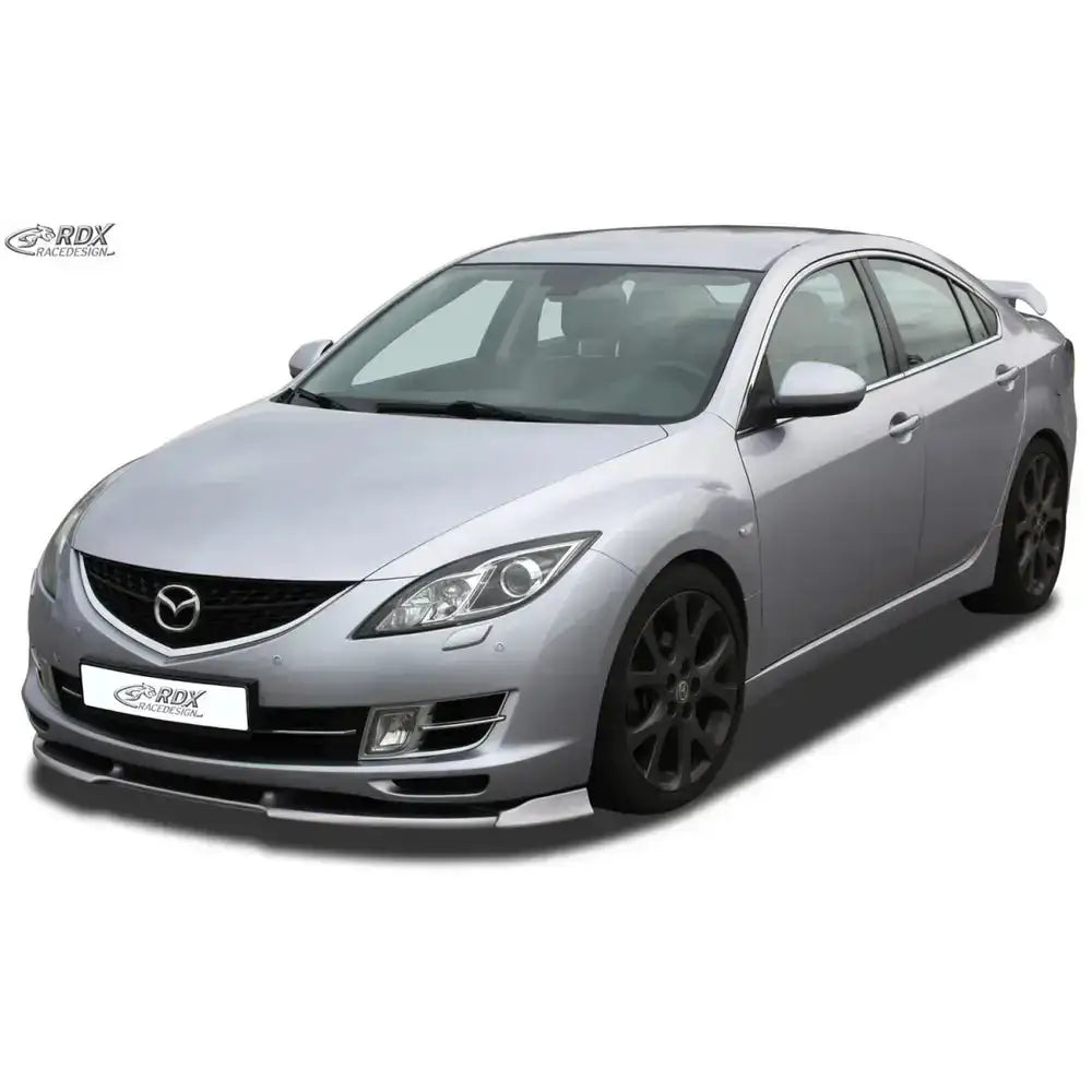 Frontspoiler på Mazda 6 GH 08-10, sølvfarget bil med mørke felger og sportslig utseende.