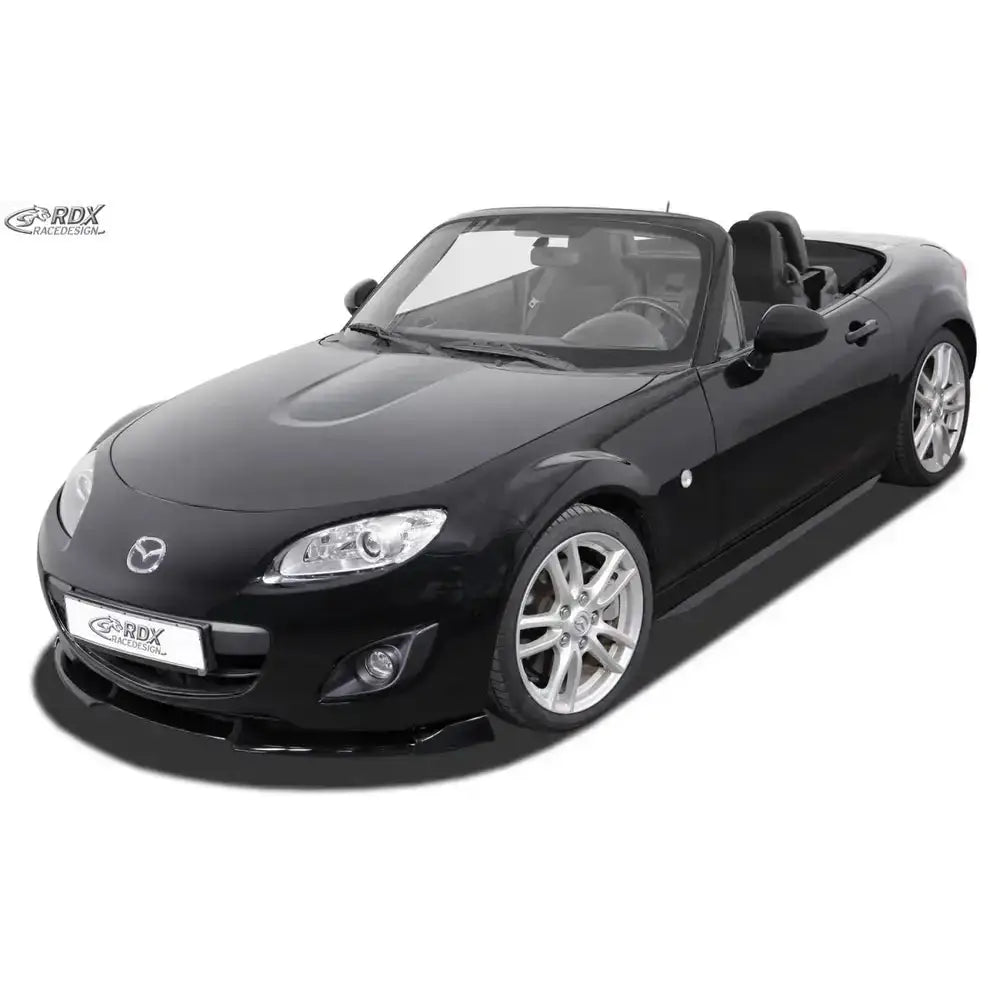 Frontspoiler på Mazda MX5 NC 08-12 cabriolet med åpent tak og sølvfelger mot hvit bakgrunn.