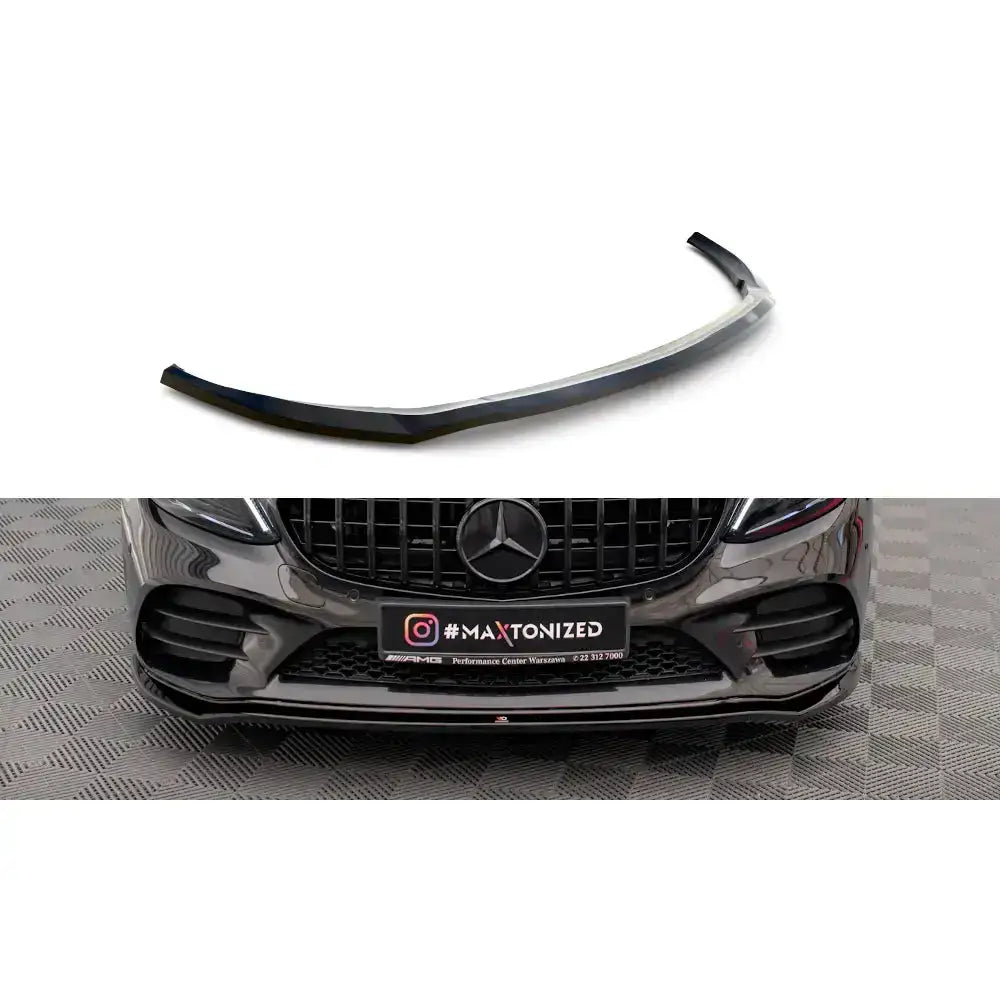 Frontleppe til Mercedes C-Klasse W205 AMG Line, sort plast, vist separat og montert på bil forfra.