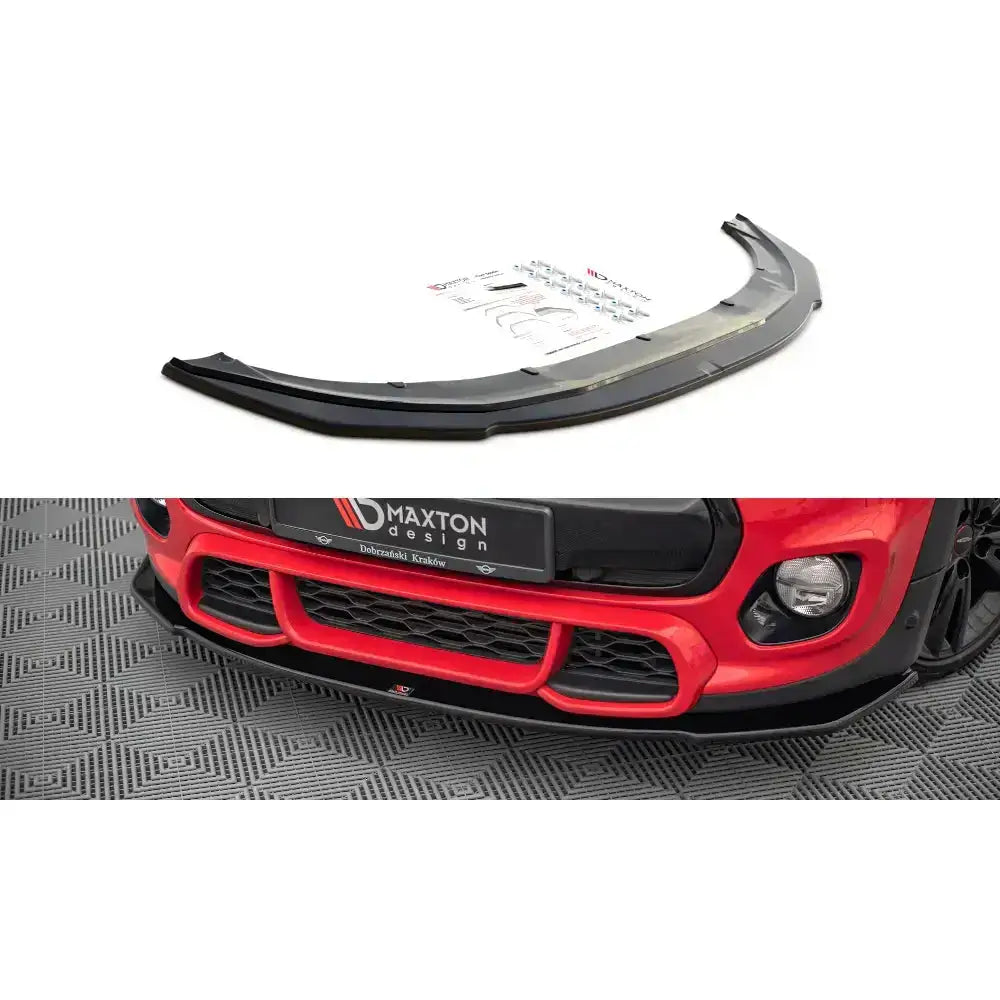 Frontleppe til Mini Cooper F56 17-, sort plast, skrå vinkel med monteringsutstyr og instruksjoner.