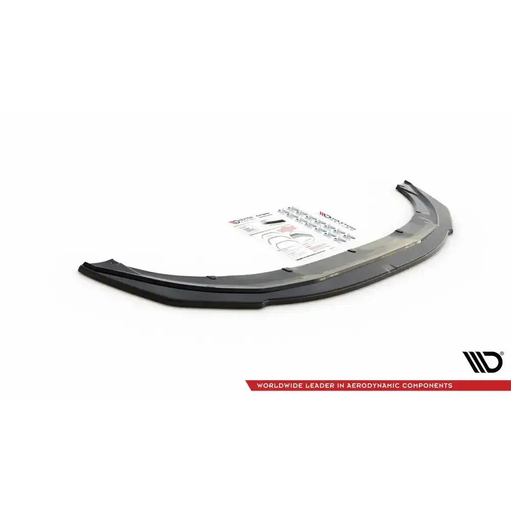 Front lip for Mini Cooper F56 17-, sort plast med monteringstilbehør og instruksjoner på hvit bakgrunn.