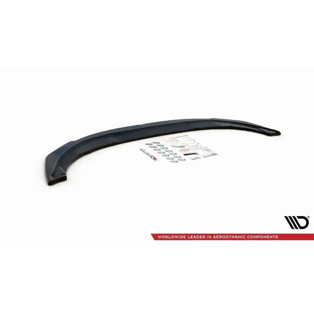 Front splitter til Mini Cooper F56 17-, sett ovenfra med monteringsutstyr og instruksjoner på hvit bakgrunn.