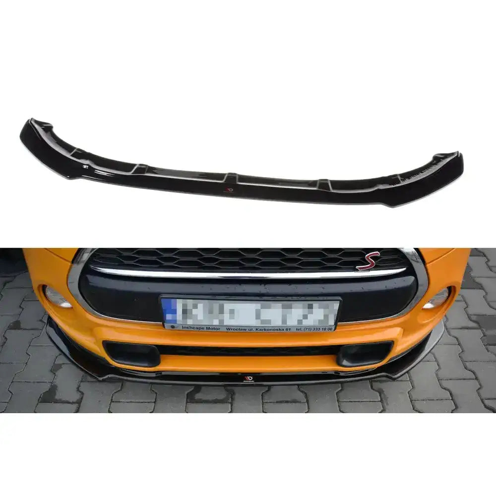 Frontleppe til Mini Cooper S Mk3 F56, sort plast med sportslig design, vist på gul bil forfra.