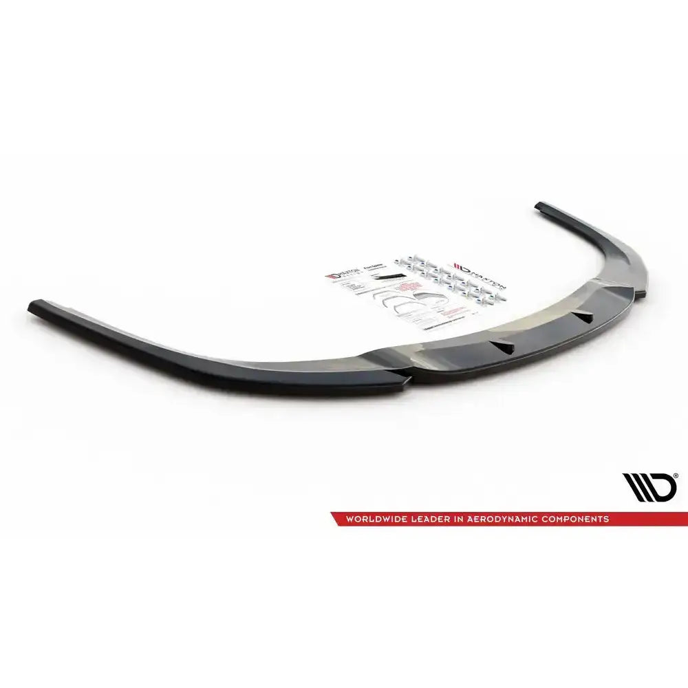 Front lip til Mitsubishi Lancer Sportback Mk8 07-16, svart spoiler med monteringsutstyr og instruksjoner.