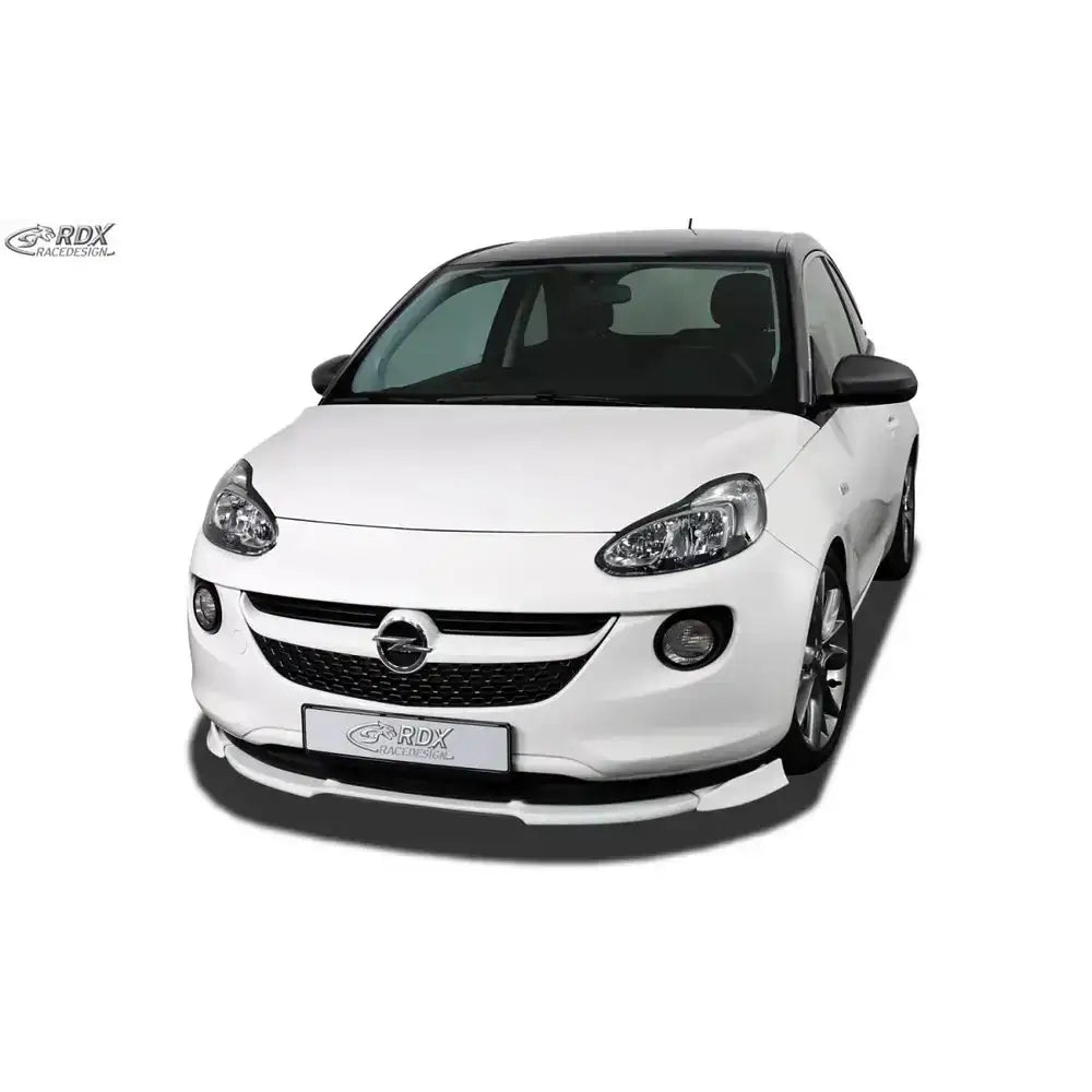 Frontspoiler til Opel Adam 12-19 montert på hvit bil med sort tak og RDX-logo på skiltet.