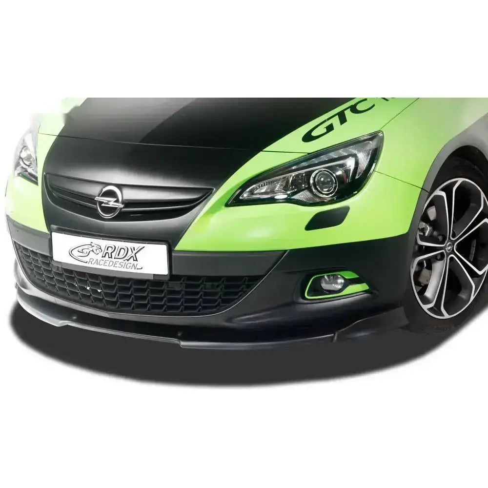 Frontleppe Opel Astra J GTC 11- i grønn og svart sportsdesign, sett skrått forfra med lav frontspoiler.