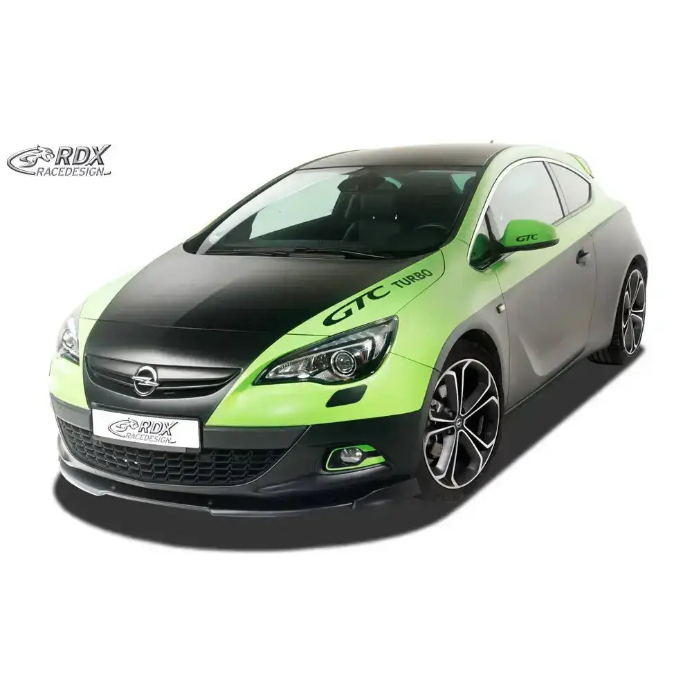 Frontspoiler Opel Astra J GTC med matt grønn og svart lakk, store felger og GTC Turbo-dekor.