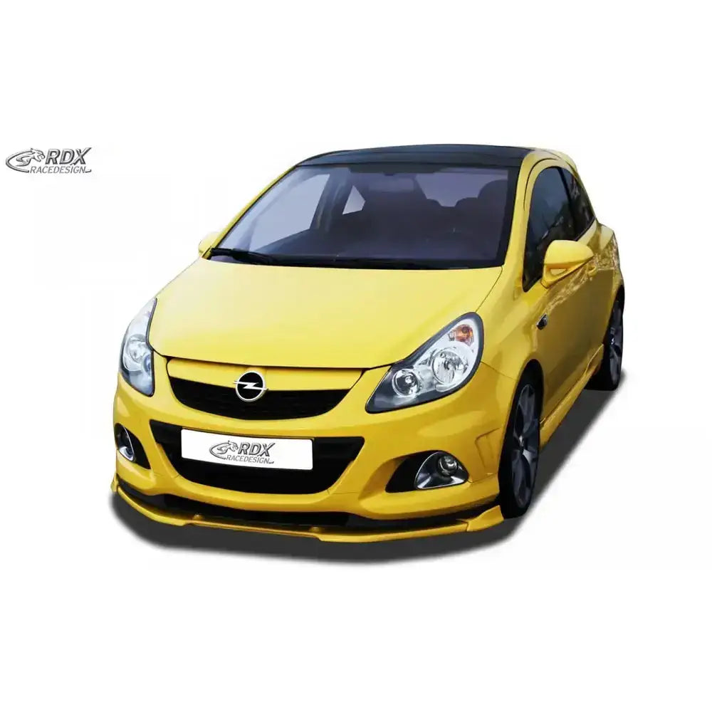 Frontspoiler på gul Opel Corsa D 06-10 OPC Nuerburgring Edition med svarte detaljer og sportslig design.