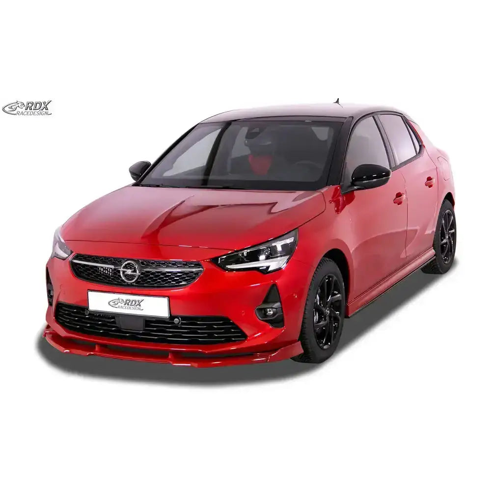 Frontspoiler på Opel Corsa F GS-Line med sorte detaljer, sporty design og mørke ruter.