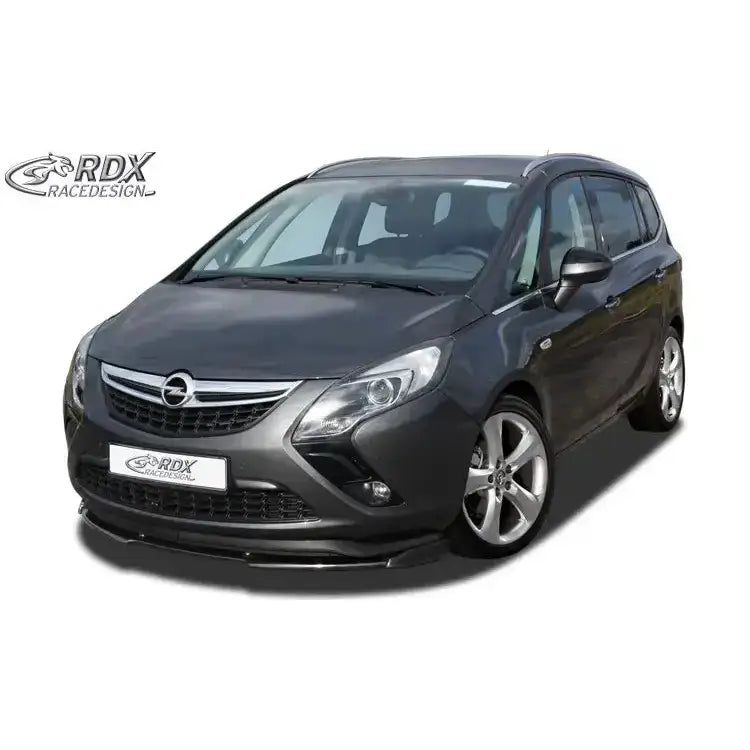 Front lip Opel Zafira Tourer 11- montert på mørk grå bil med sølvfelger og sorte detaljer, sett forfra.