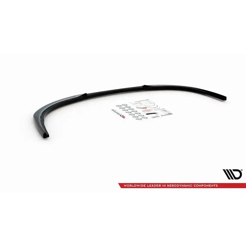 Frontspoiler til Peugeot 207 Sport, sort buet plastdel med festedeler og monteringsanvisning.