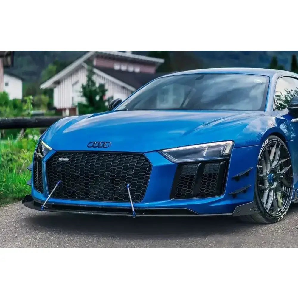 Front lip Racing Audi R8 Mk2 i metallic blå med sort grill og aerodynamiske detaljer på asfalt.
