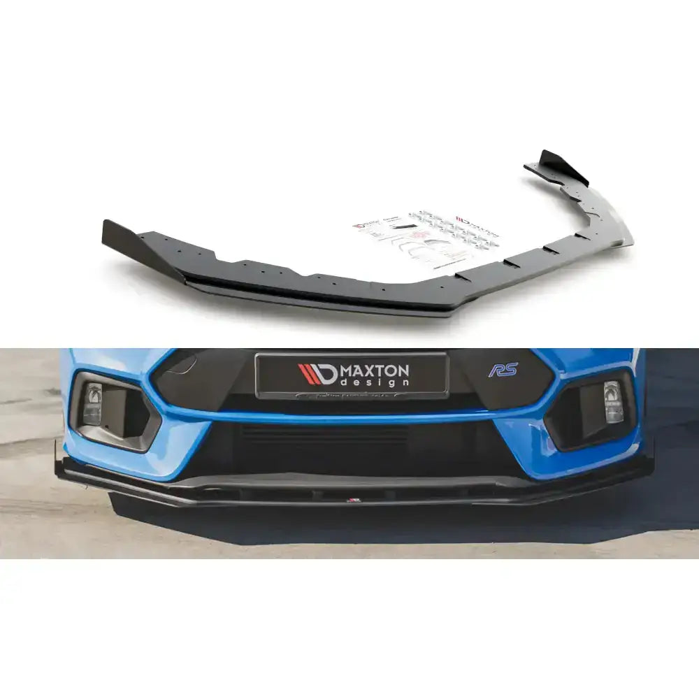 Frontleppe Racing Durability + Flaps til Ford Focus RS Mk3, montert på blå bil med monteringsdeler.