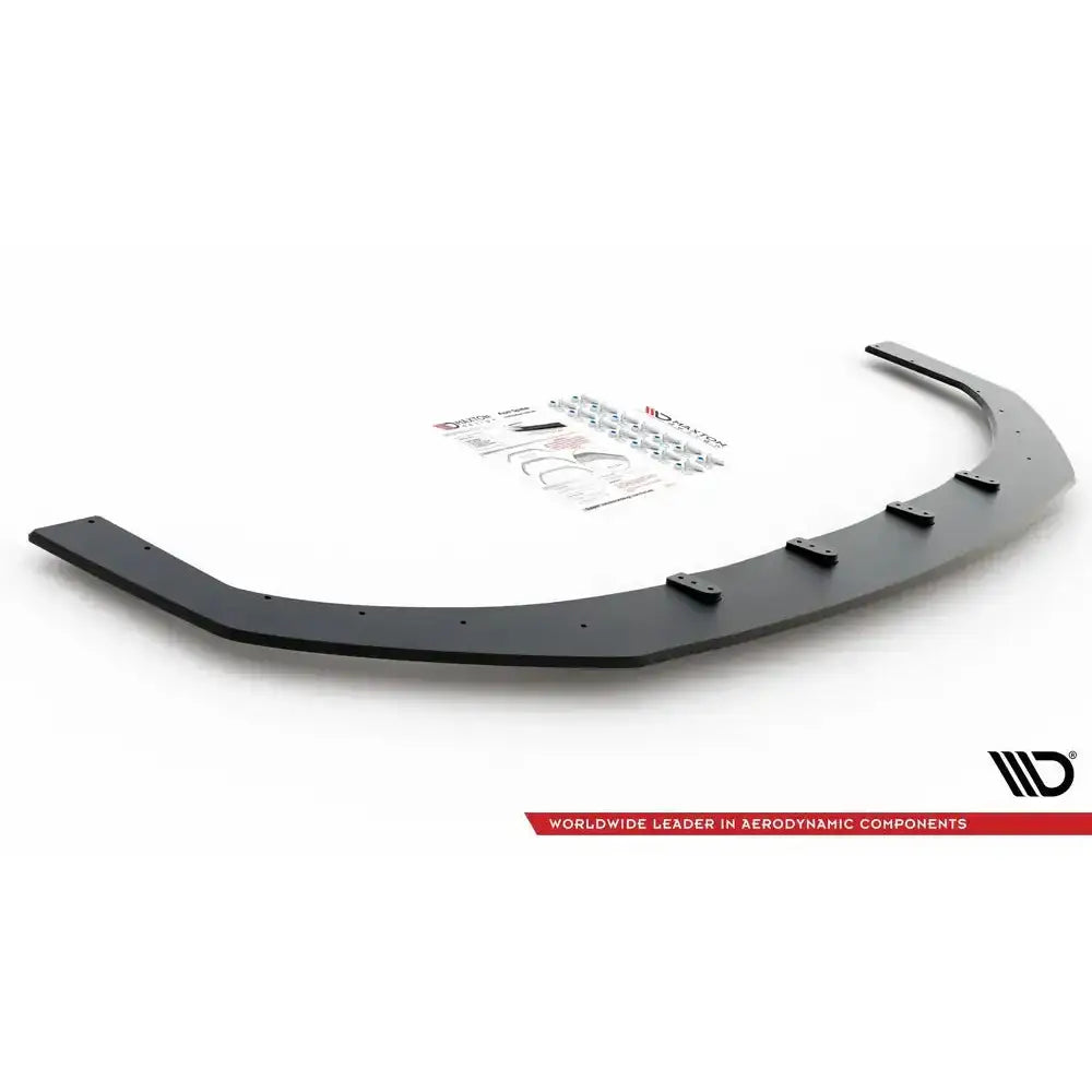 Front splitter til Hyundai I30 N Mk3, sort og vinklet, med monteringsdeler og instruksjoner på hvit bakgrunn.