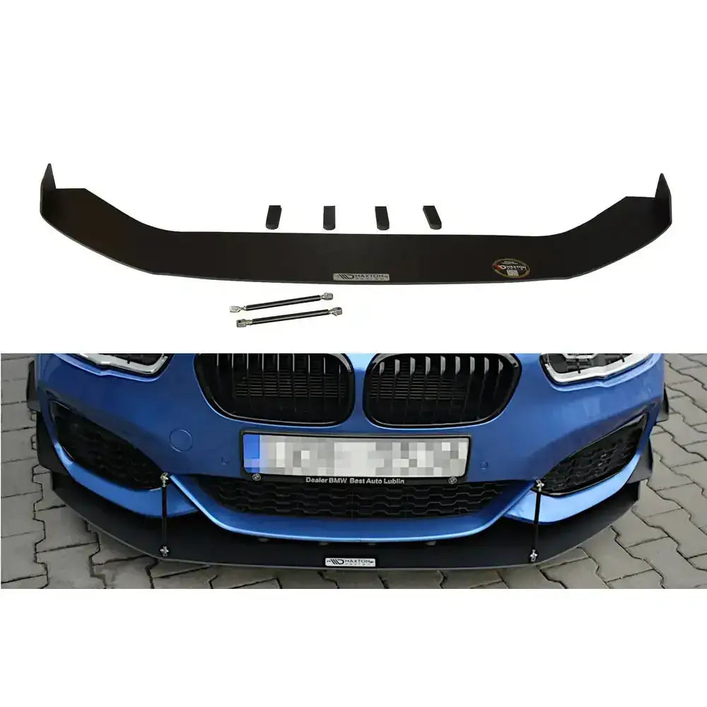 Frontleppe Racing V.2 Bmw 1 F20/F21 M-Power Facelift sett ovenfra montert på blå bil med metallstøtter.