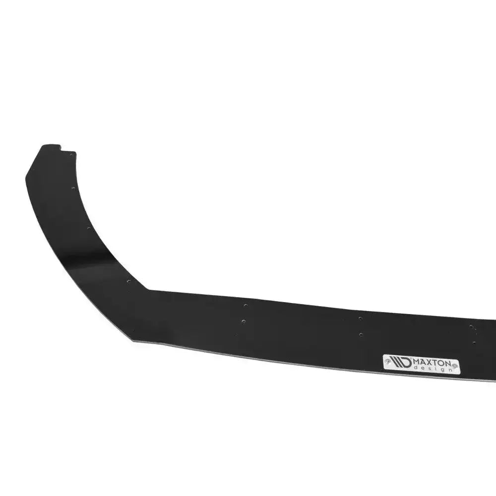 Frontsplitter Racing V.2 til Ford Fiesta MK8 ST, sort plast med synlige skruer og logo, skrå vinkel.