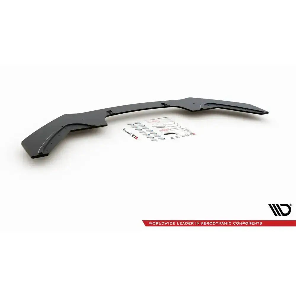 Frontspoiler til BMW 1 F20 M-Pack Facelift, sort med monteringsdeler og instruksjoner på hvit bakgrunn.
