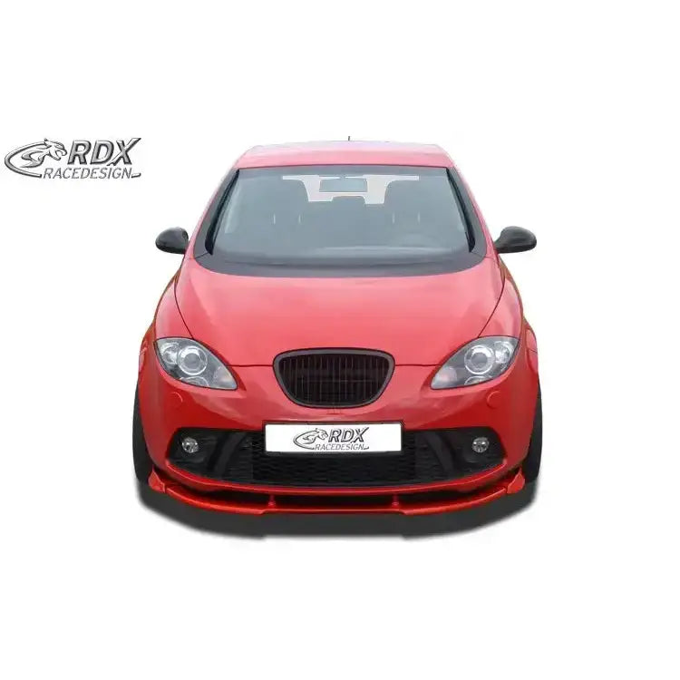 Frontsplitter på rød Seat Altea 04-15 5P FR med sorte detaljer sett forfra.