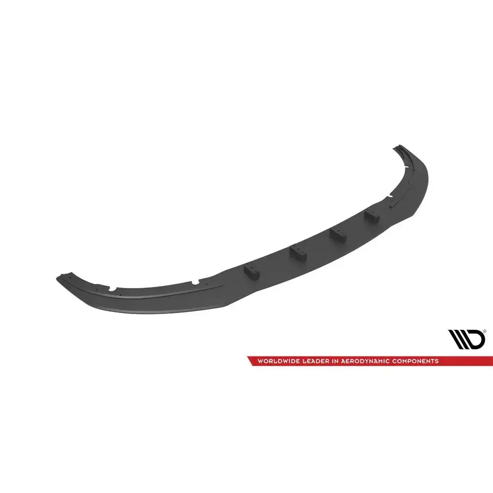 Front splitter til Dodge Charger RT Mk7 Facelift, sort plast med bueform og opphøyde fester, sett skrått ovenfra.