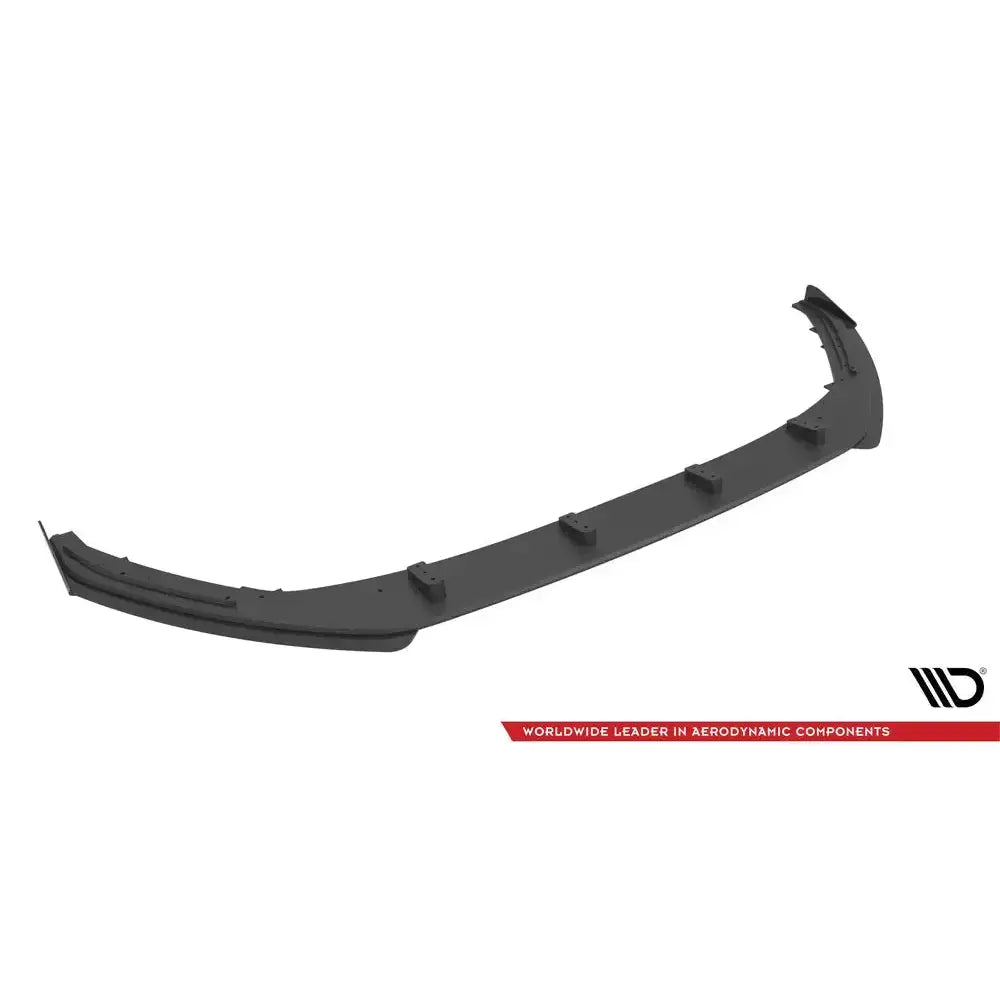 Front splitter Street Pro med flaps til Audi A3 8Y, sort plast med festeputer, sett skrått ovenfra.