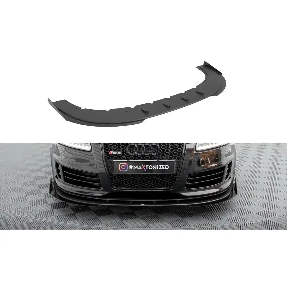 Frontleppe Street Pro + Flaps til Audi RS6 C6, sort plast, vist både løst og montert på bil.