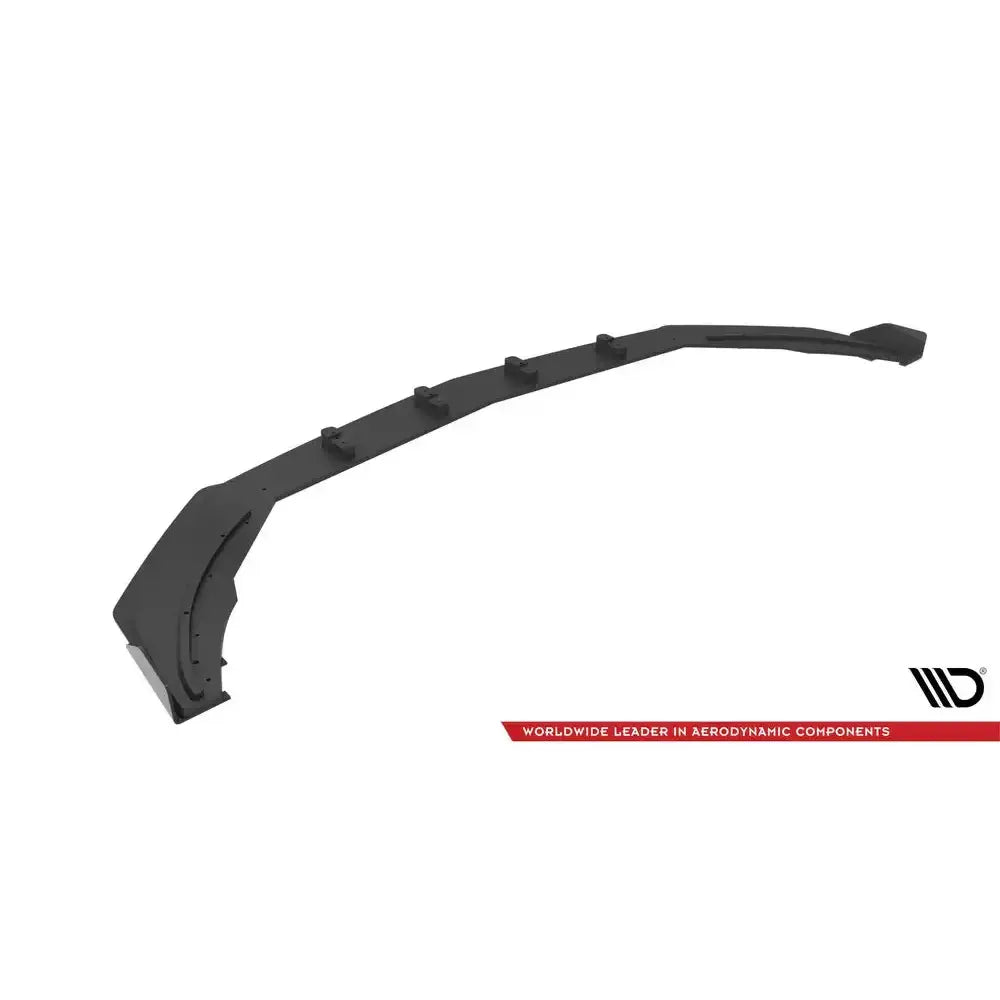 Front splitter til Street Pro med flaps for Mercedes A35 AMG, sett fra skrå toppvinkel mot hvit bakgrunn.