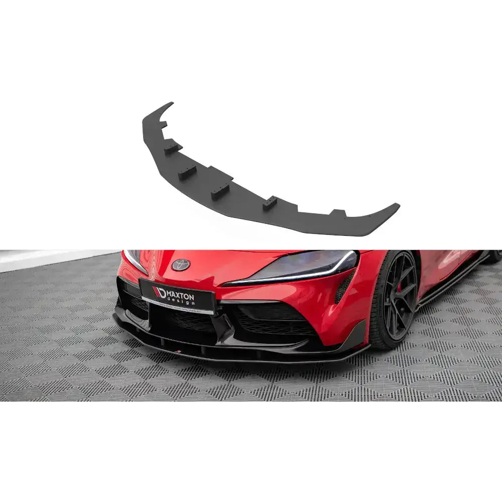 Frontleppe Street Pro til Toyota Supra Mk5 19-, sort plast med aerodynamiske detaljer på rød sportsbil.