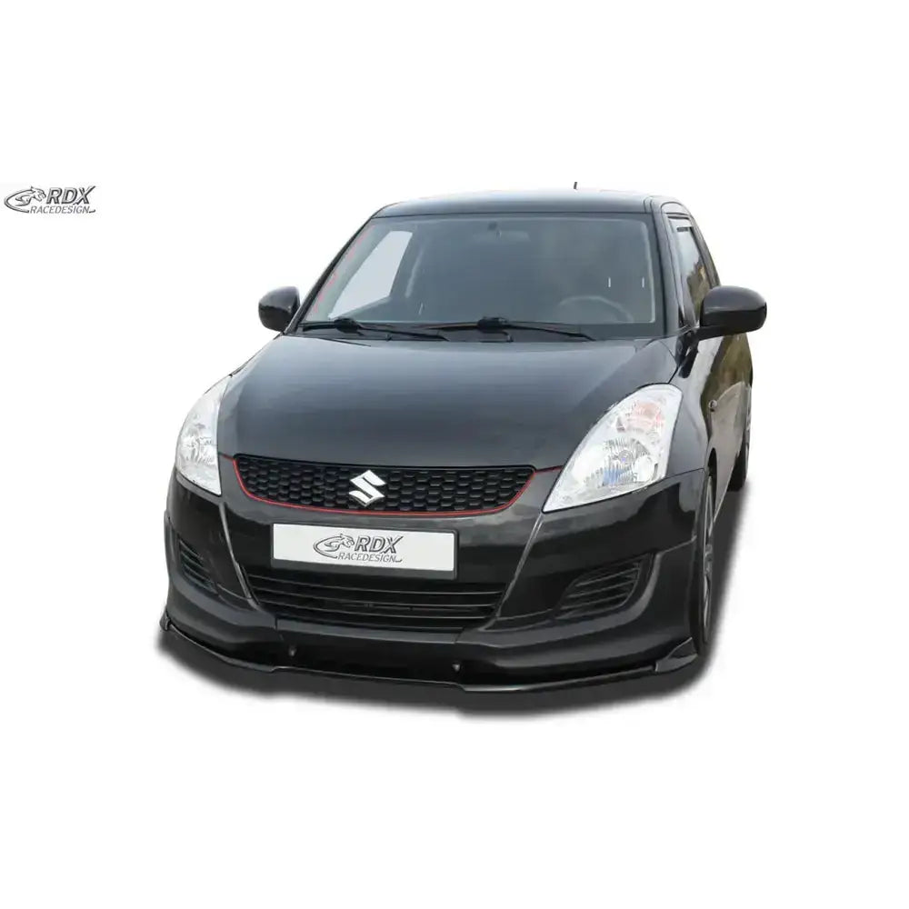 Frontspoiler til Suzuki Swift 10-13 FZ/NZ med JDM/GT frontflaps, sort bil med rød detalj i grillen.