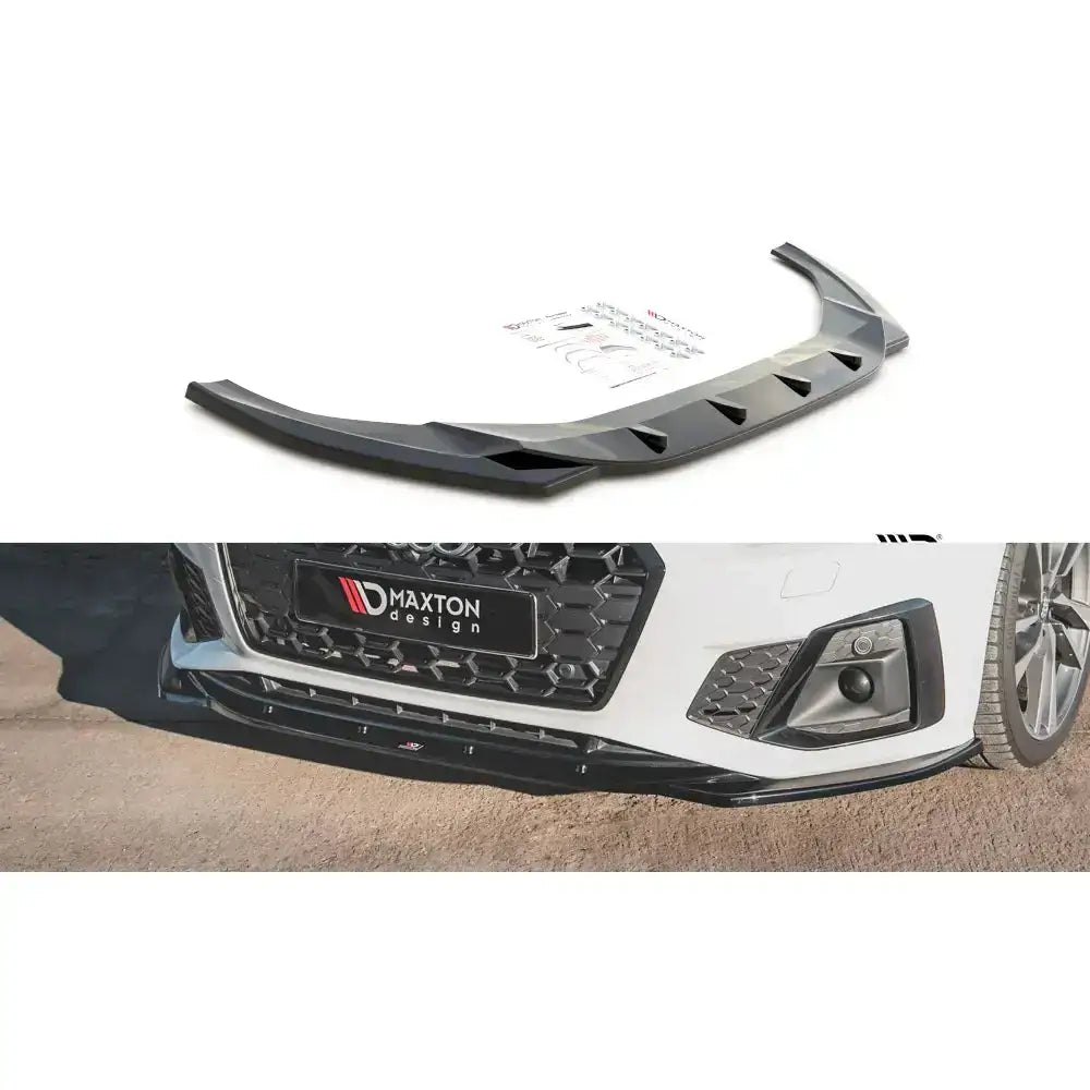 Frontleppe til Audi S5 A5 S-Line F5 Facelift 19-, sort plast, montert på hvit bil med sporty design.